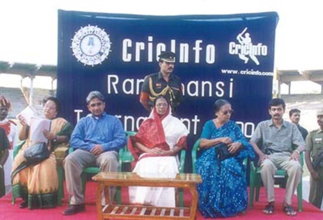 The presentation party seated on the dais includes Murari Venkataraman, CEO CricInfo India, Ms. Fathima Beewi, Ms. Sheelu Ranganathan, President TNWCA, and K Satyanarayan, Director (Marketing),  CricInfo India, Rani of Jhansi Women's (Inter-zonal) Tournament 1999/00, Air India Women v Railways Women, MA Chidambaram Stadium, Chepauk Chennai, 8 April 2000