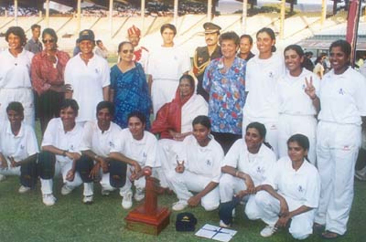 The Air India team is all smiles as they display the metalware that goes by the name of the  CricInfo Rani Jhansi Trophy, Rani of Jhansi Women's (Inter-zonal) Tournament 1999/00, Air India Women v Railways Women, MA Chidambaram Stadium, Chepauk Chennai, 8 April 2000