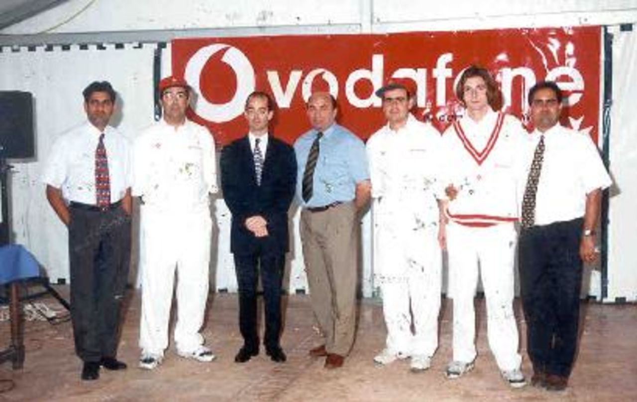 The launch of the Vodafone Sponsorship. Left to right: MCA Vice Chairman Robert Dhandapani; Captain of Malta Mike Carvana; Director of Vodafone Malta Michael Bianchi; Managing Director of Vodafone Malta Joe Grioli; Mike Micallef; Chris Naudi; Sam Dhandapani