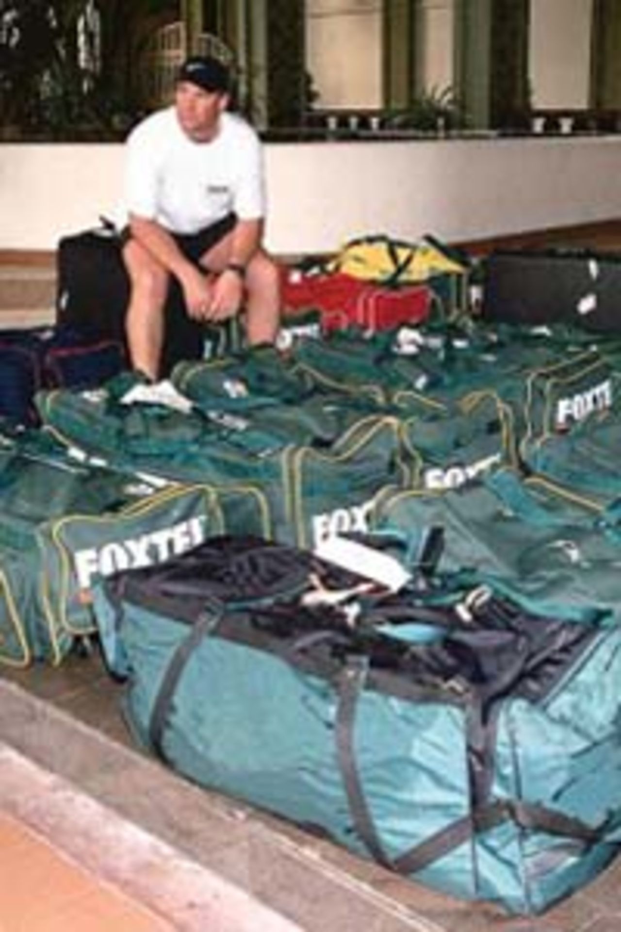Shane Warne with the Australian team luggage, Australia in the West Indies, 1999