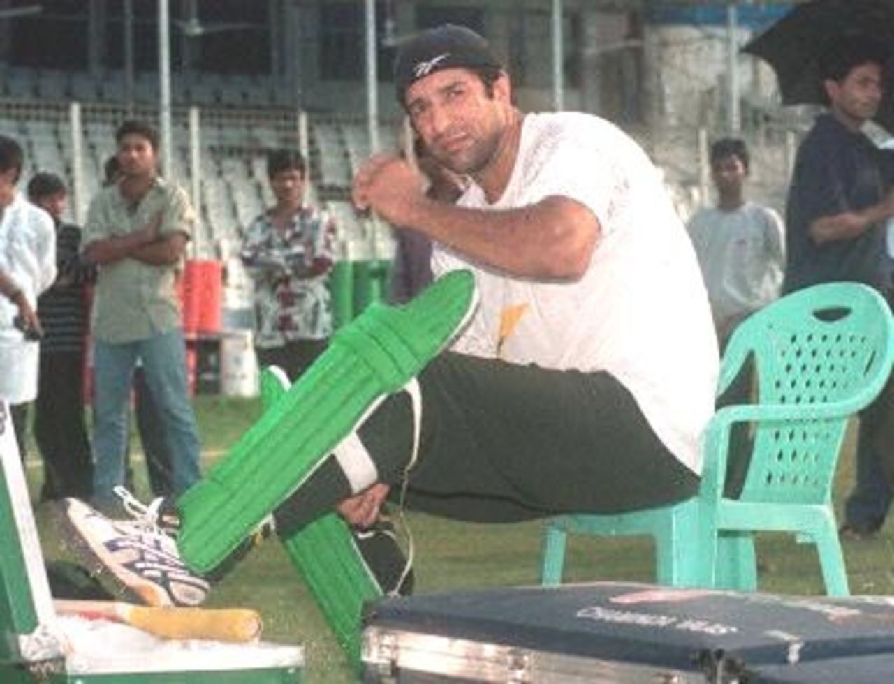 Wasim Akram of Pakistan, who has been chosen as captain of the Asia XI for the day and night limited over Cricket Match in Dhaka 08 April, gets himself ready for a practice session at Dhaka's Bangabandhu National Stadium 07 April 2000 shortly after arriving in Bangladesh. The Asia XI team will play against World XI, led by Mark Waugh of Australia. The International Cricket Council (ICC) is organizing the event in Dhaka as part of its Cricket Week.