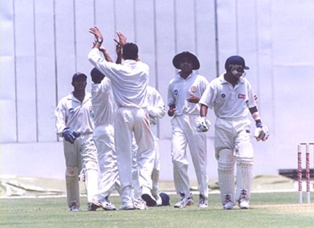 Prasad celebrating the dismissal of Daniel Manohar, Karnataka v Hyderabad Ranji Trophy Semi Final (Day 1),M Chinnaswamy Stadium Bangalore, 11-15 Apr 2000.