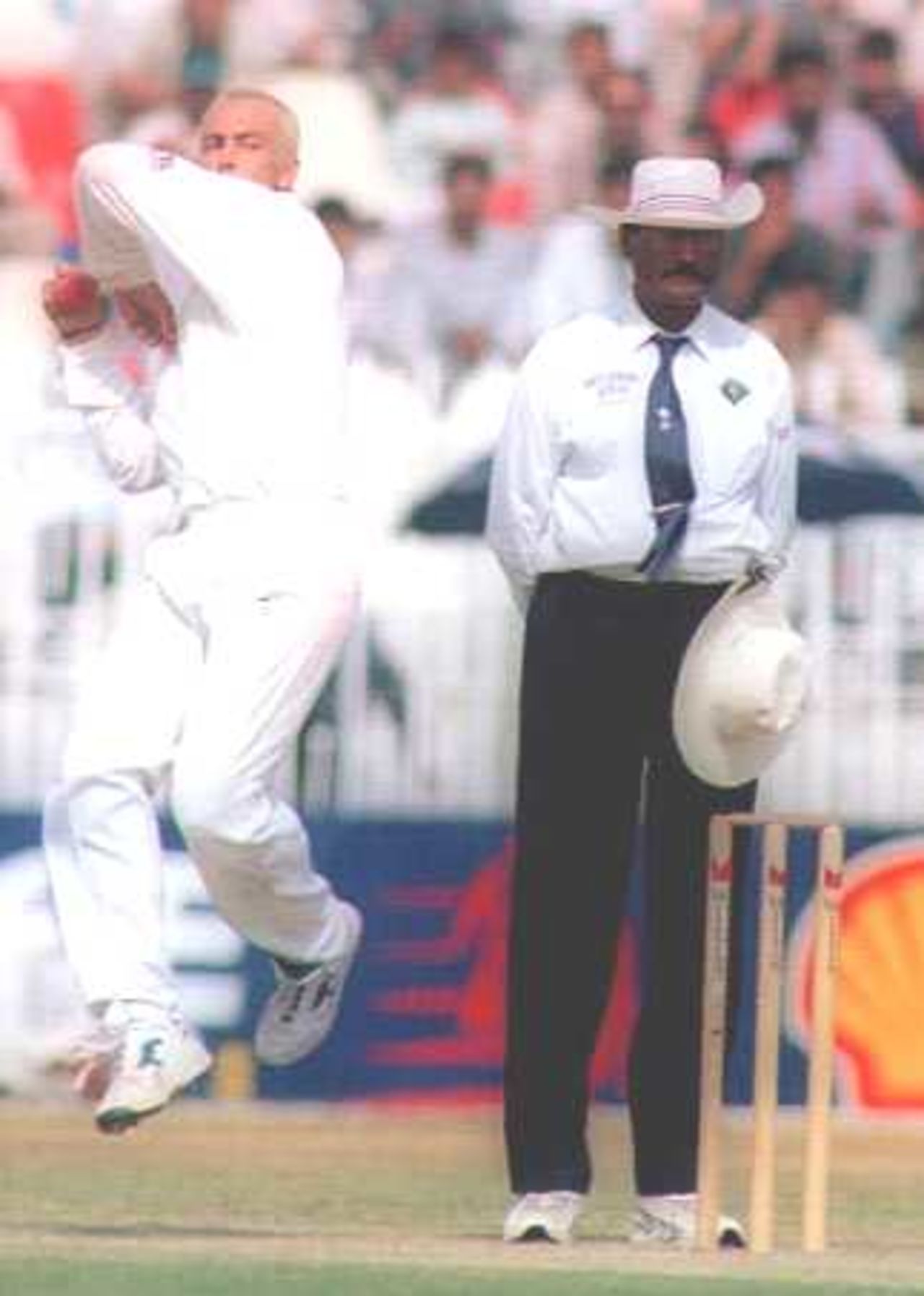 Javed Akhtar and Australian bowler C Miller during Rawalpindi test October. 1998