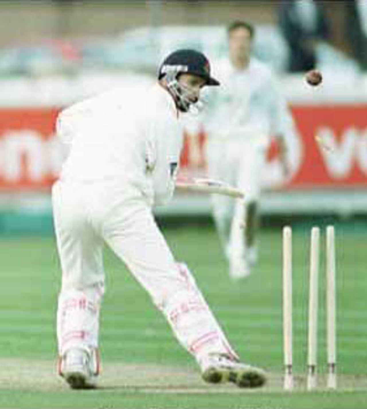 John Crawley plays the ball on to his stumps, Durham v Lancashire, Benson & Hedges, 20 April 2000