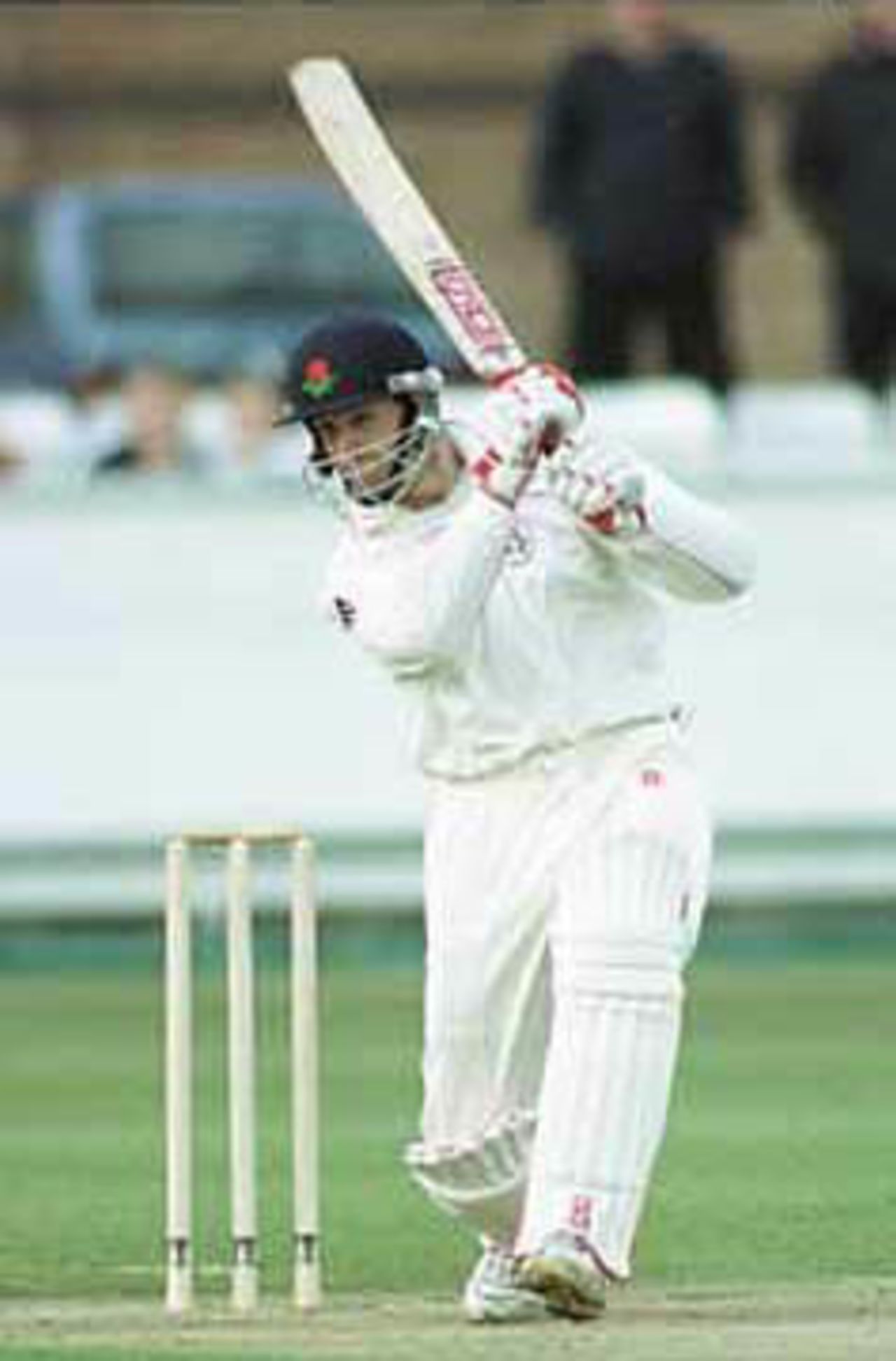 John Crawley plays a cover drive, Durham v Lancashire, Benson & Hedges, April 2000