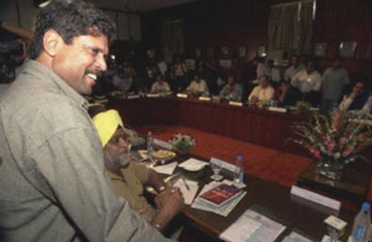 India's national cricket team coach Kapil Dev arrives for a meeting at the capital's National Stadium 27 April 2000. The meeting, bringing together members of the Indian cricket board, coaches and players was called by Indian Sports Minister Sukhdev Singh Dhingsa in a bid to address match fixing allegations in the wake of South Africa's Hansie Cronje's dismissal over bribery charges.