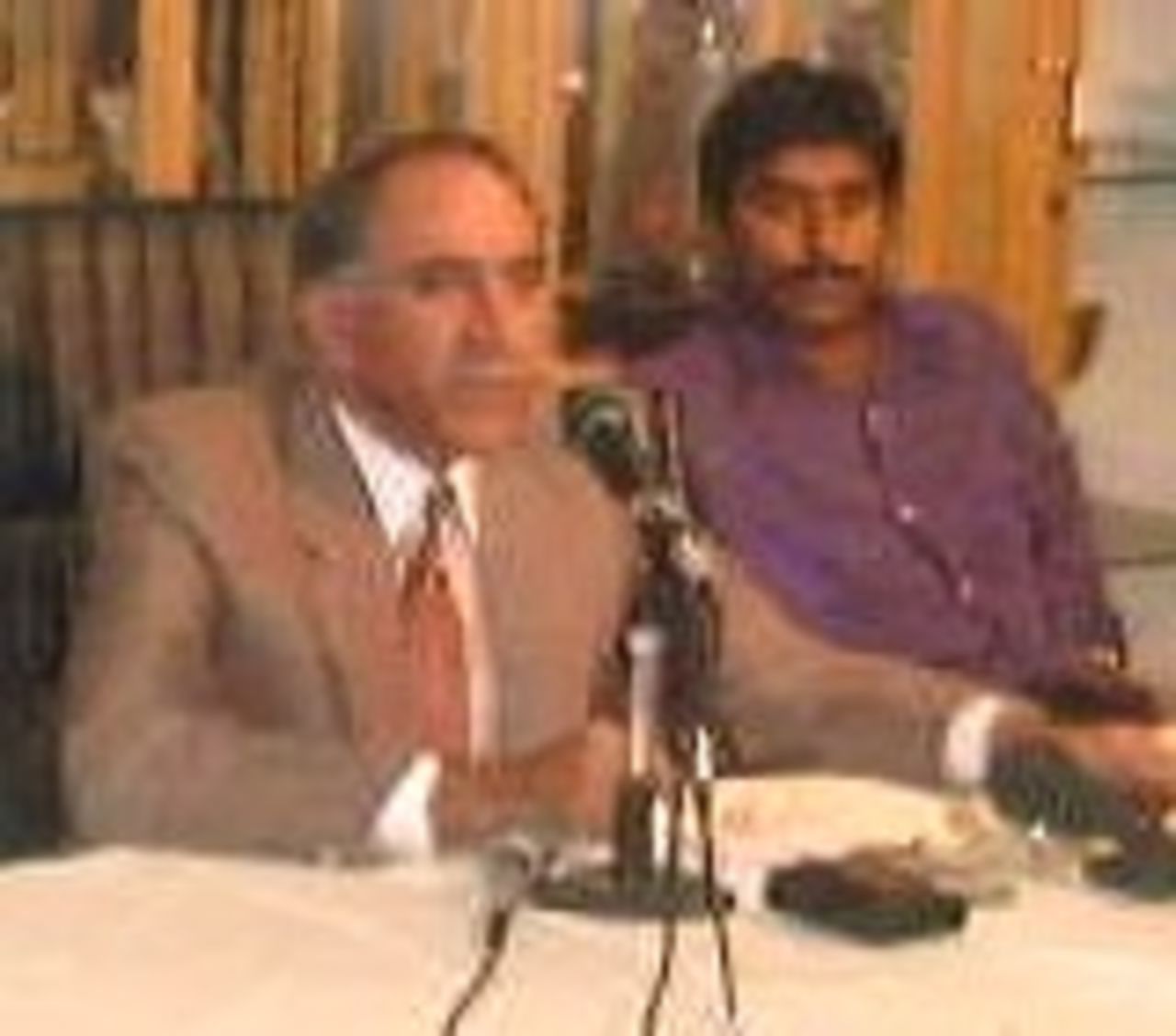 Javed Miandad and PCB Chairman at 03 April post New Zealand Tour press conference at Gaddafi Stadium, Lahore