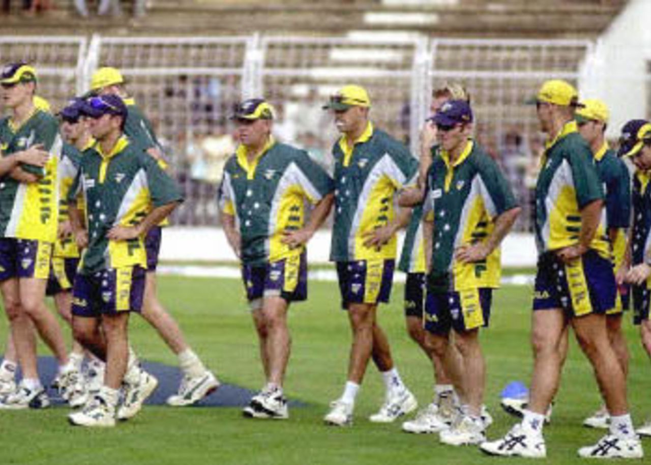 05 April 2001: The Australian team prepare for the final contest of their one-day series against India at the Nehru Stadium in Margao, Goa