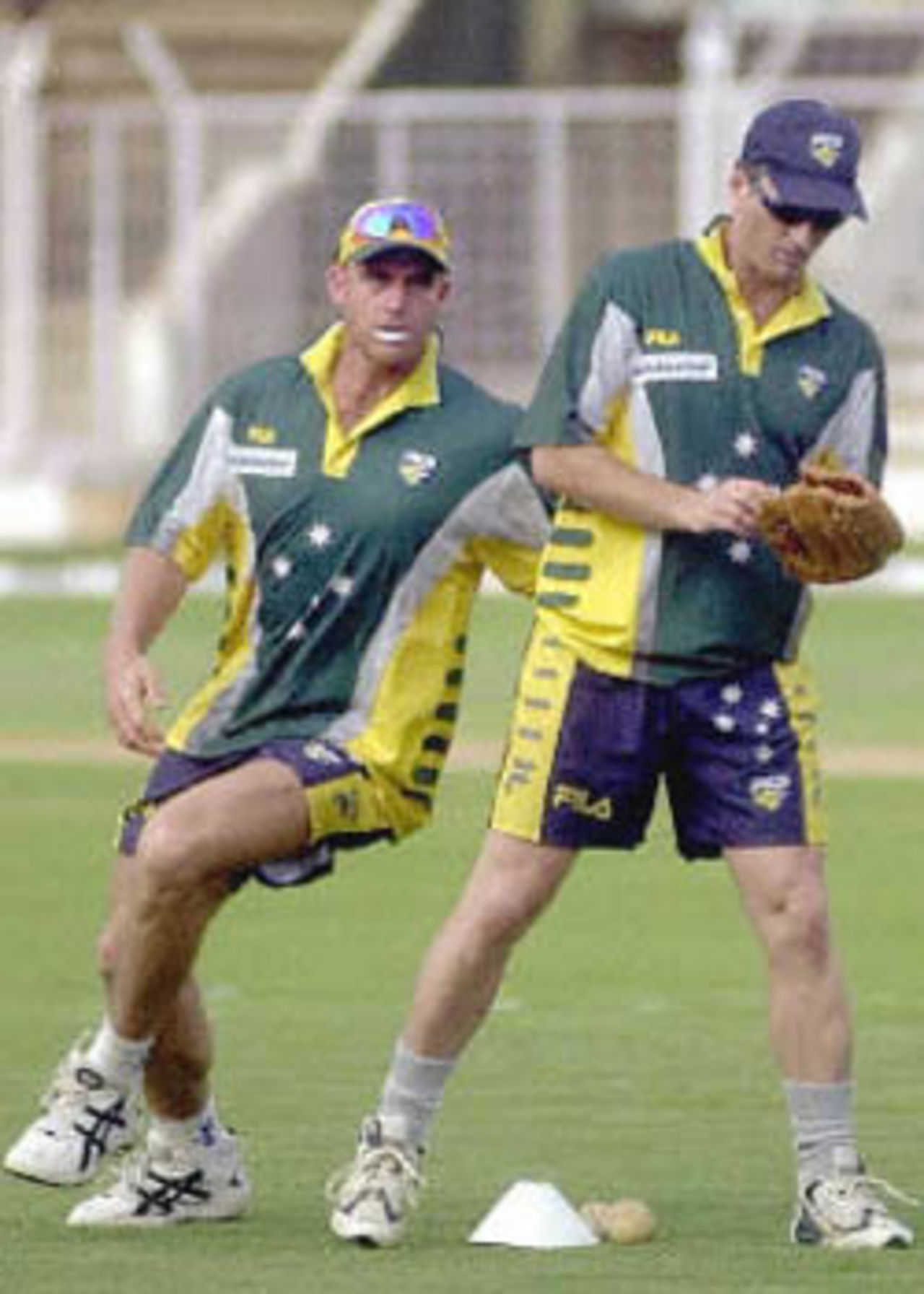 05 April 2001: The Australian team prepare for the final contest of their one-day series against India at the Nehru Stadium in Margao, Goa