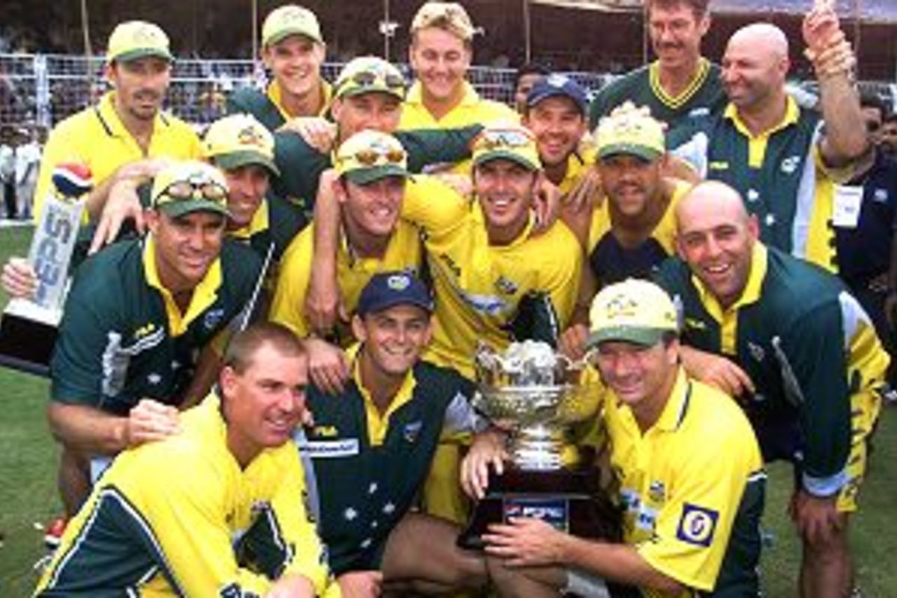 The Australian team celebrate with the trophy, after the 5th One Day International between India and Australia at the Nehru Stadium, Fatorda, Goa, India. Australia won the match by four wickets and the series 3-2