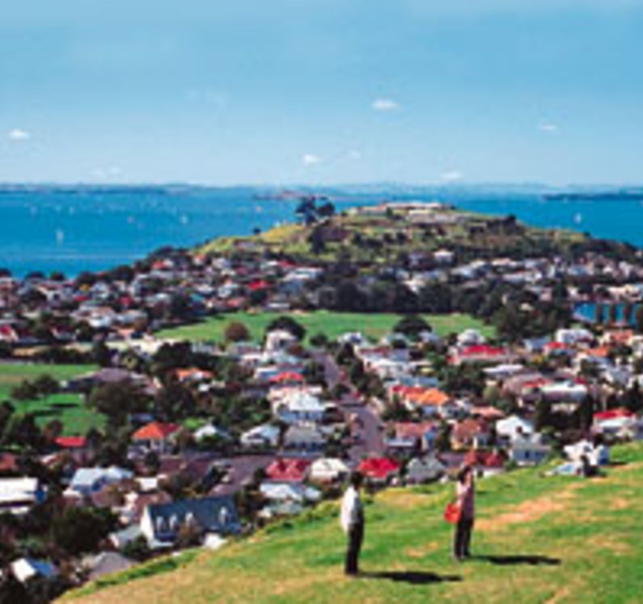 Devonport Domain (centre) as viewed from Mount Victoria looking to the east, with North Head and the Hauraki Gulf in the background