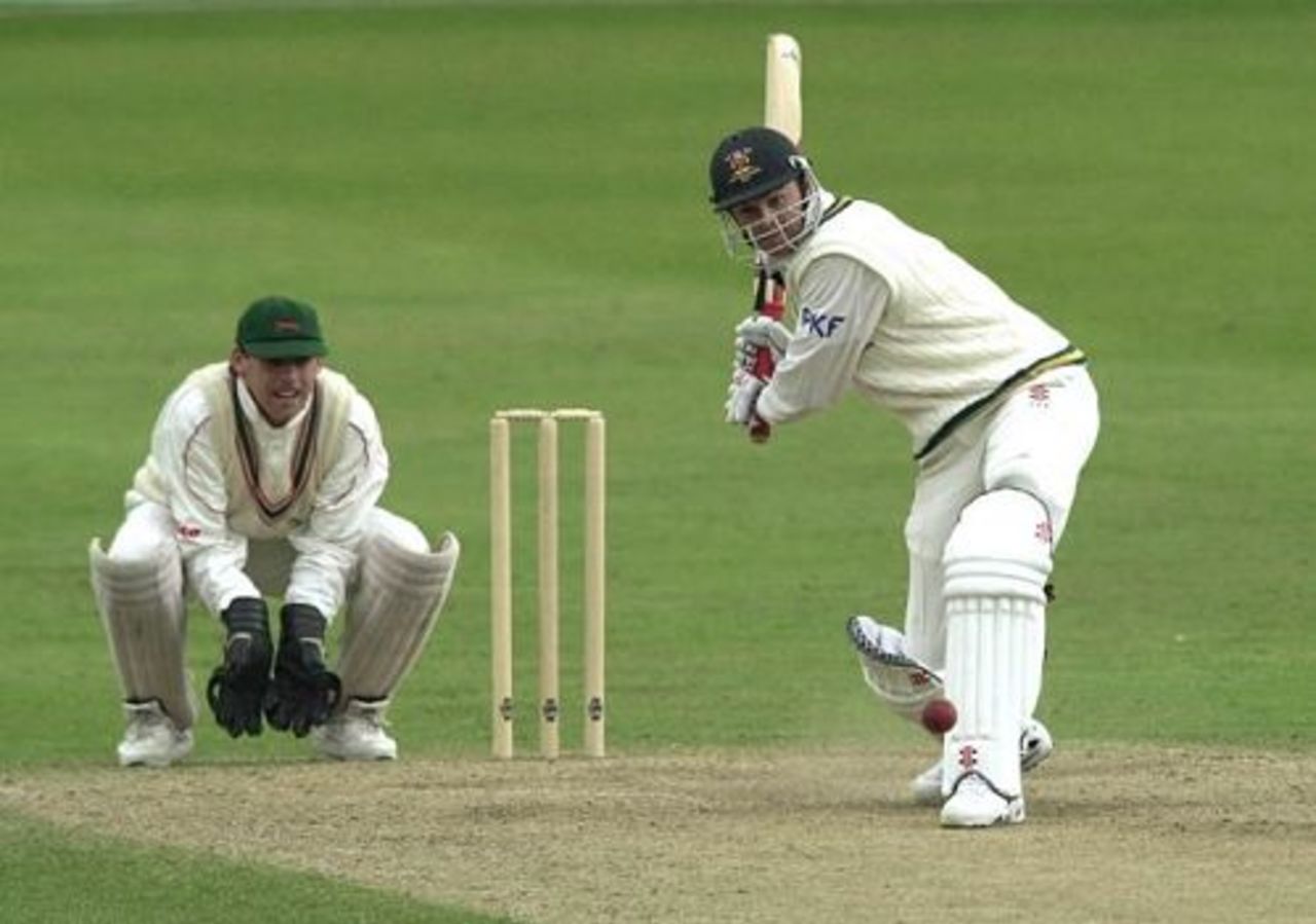 Mon 30 Apr 2001: Nottinghamshire's Greg Blewett hits out against Leicestershire during today's Benson and Hedges Cup match at Trent Bridge.