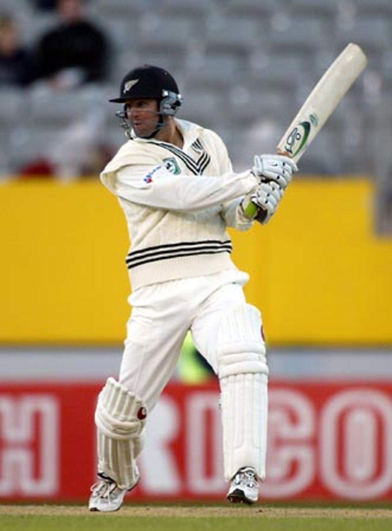 New Zealand batsman Nathan Astle cuts a delivery during his second innings of 65. 3rd Test: New Zealand v England at Eden Park, Auckland, 30 March-3 April 2002 (2 April 2002).