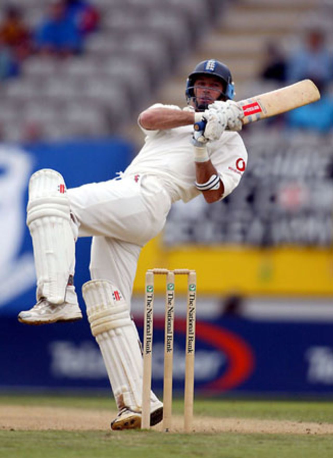 England batsman Nasser Hussain pulls a delivery during his second innings of 82. 3rd Test: New Zealand v England at Eden Park, Auckland, 30 March-3 April 2002 (3 April 2002).