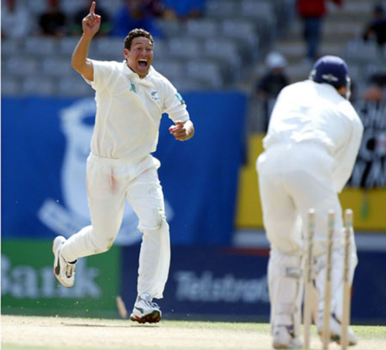 New Zealand bowler Daryl Tuffey celebrates the dismissal of England batsman Mark Ramprakash, bowled for two. 3rd Test: New Zealand v England at Eden Park, Auckland, 30 March-3 April 2002 (3 April 2002).