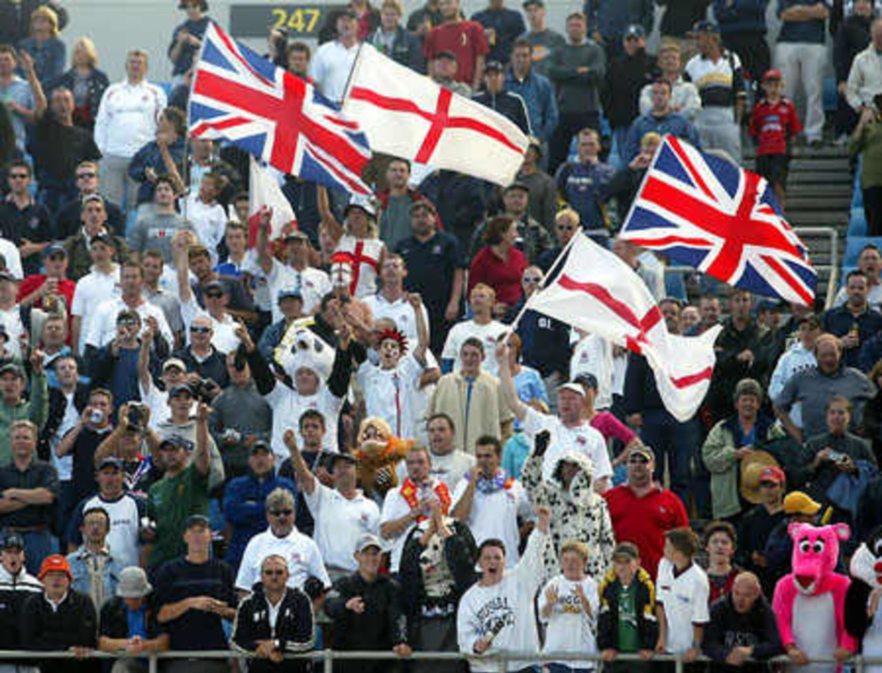 Members of the Barmy Army watch the post-match presentation ceremony from the stands. 3rd Test: New Zealand v England at Eden Park, Auckland, 30 March-3 April 2002 (3 April 2002).
