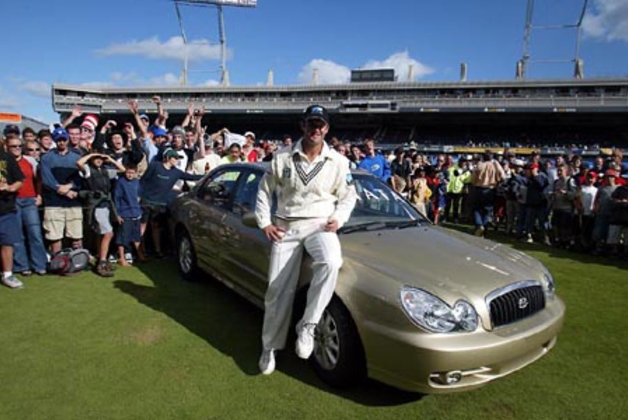 New Zealand player Nathan Astle with his car upon winning The National Bank International Cricketer of the Year award. Astle won a Hyundai Sonata motor vehicle valued at $32,000. 3rd Test: New Zealand v England at Eden Park, Auckland, 30 March-3 April 2002 (3 April 2002).