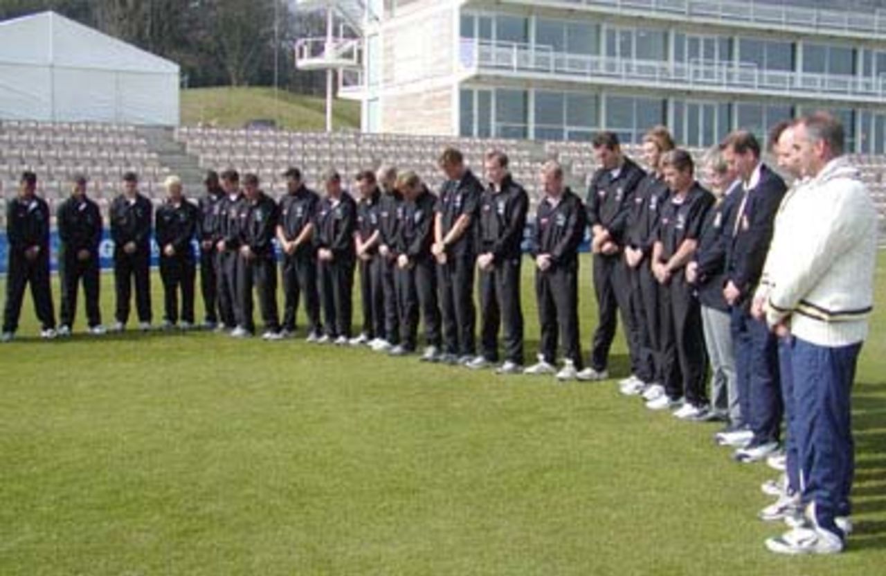 Hampshire players and officials line up for Two minutes silence in respect for the funeral of the Queen Mother