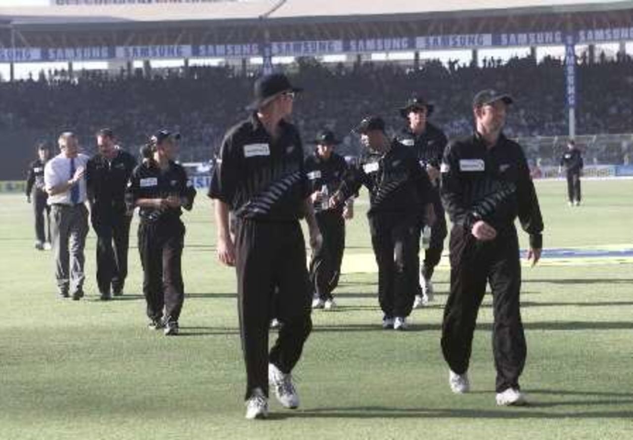 New Zealand team going off after a crowd disturbance - ODI1 at Karachi, New Zealand v Pakistan, 21 Apr 2002