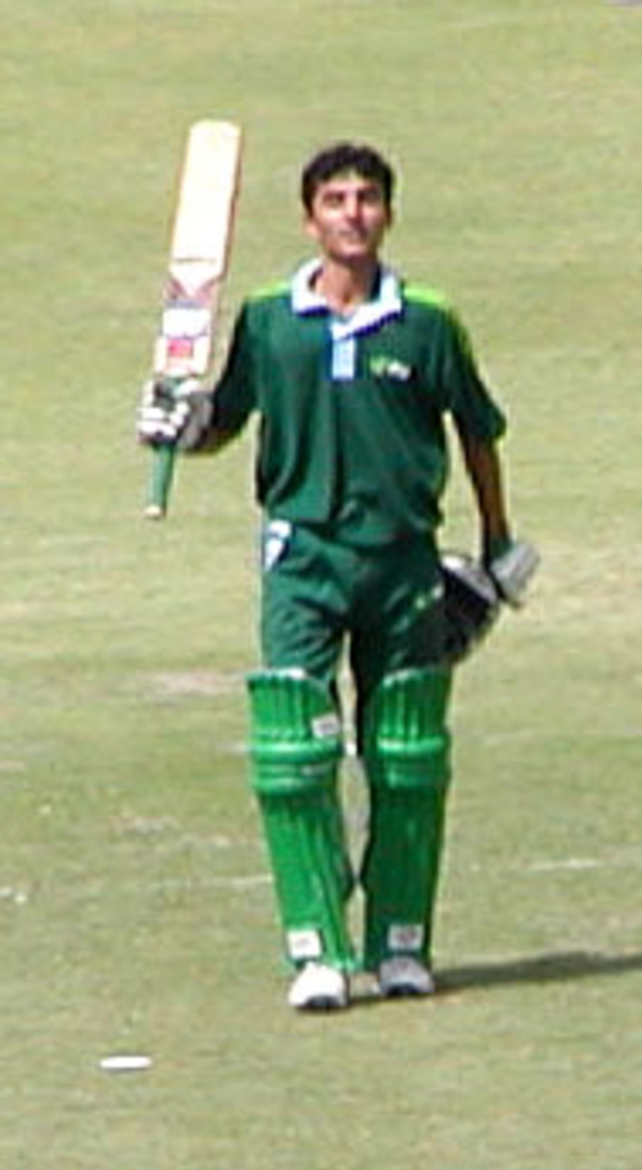 Yasir Hameed celebrates his century, NBP Patron's Cup final, Gaddafi Stadium, 31 March 2003