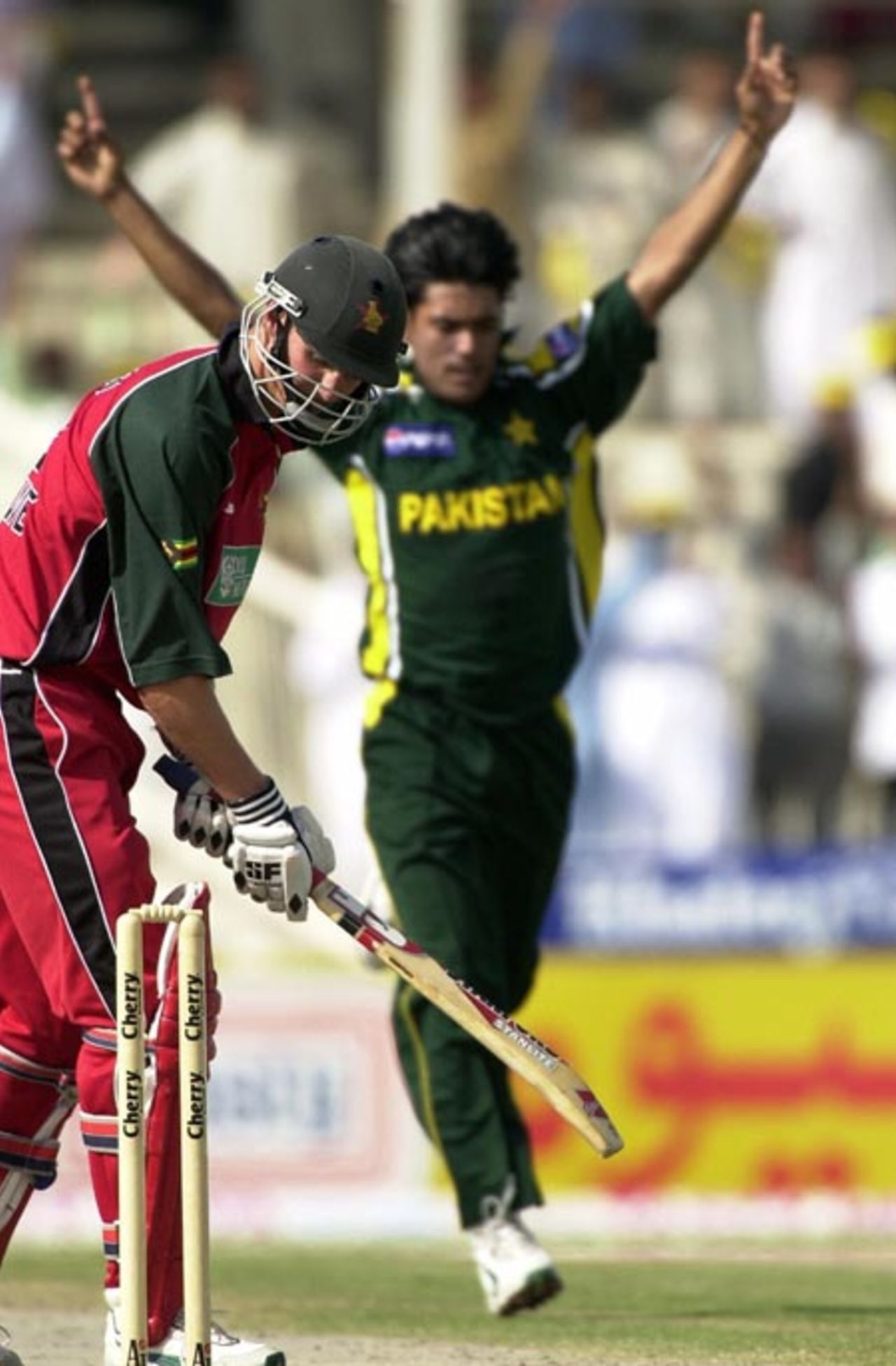 Zimbabwe's key batsman Douglas Marillier (L) looks back at his shattered stumps as Pakistani pacer Mohammad Sami (R) celebrates his third wicket during the final match of the Four Nation Sharjah Cricket Tournament, 10 April 2003.