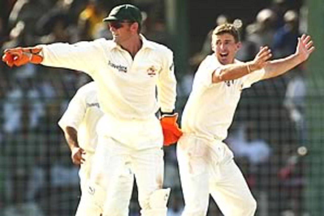 GEORGETOWN, GUYANA - APRIL 12: Adam Gilchrist and Brad Hogg of Australia appeal against Brian Lara of the West Indies who was out hit wicket for 110 during day three of the 1st Test between the West Indies and Australia on April 11, 2003 at the Bourda Oval in Georgetown, Guyana.