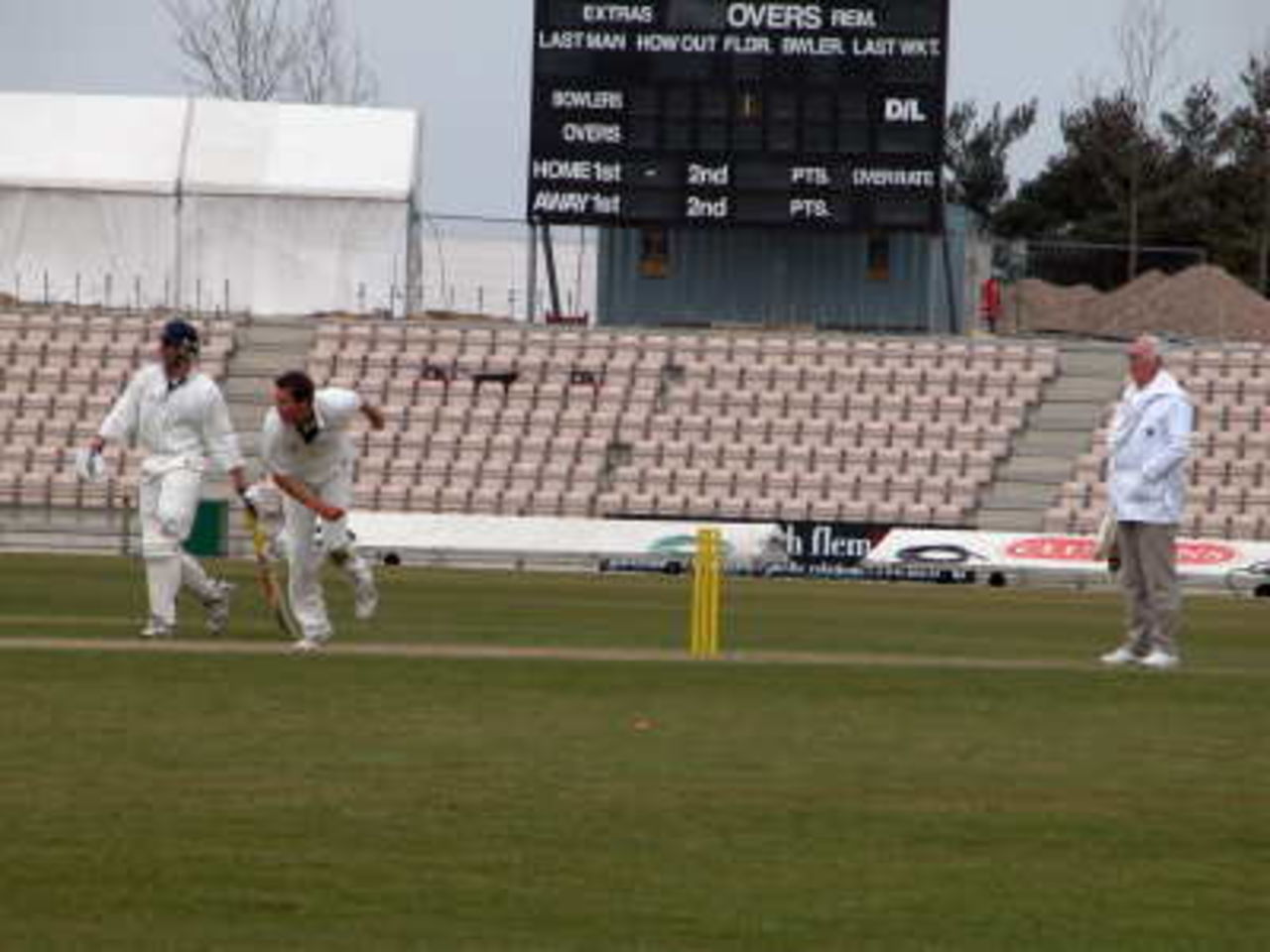 Mark Thorburn bowls in the 20Twenty match between Robin Smith XI and John Crawley XI, Lawrence Prittipaul is the batsman, Terry Brewer the umpire.
