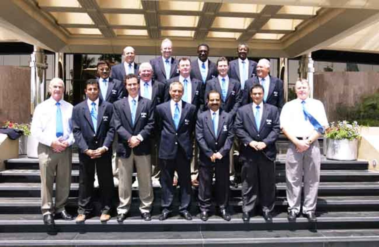 Back Row:Daryl Harper, Darrell Hair, Clive Lloyd, Steve Bucknor<br>Middle Row:Venkat, David Shepherd, Russell Tiffin, Simon Taufel, David Orchard<br>Bottom Row:Rudi Koertzen, Asoka de Silva, Billy Bowden, Wasim Raja, Gundappa Viswanath, Ranjan Madugalle, Mike Procter
