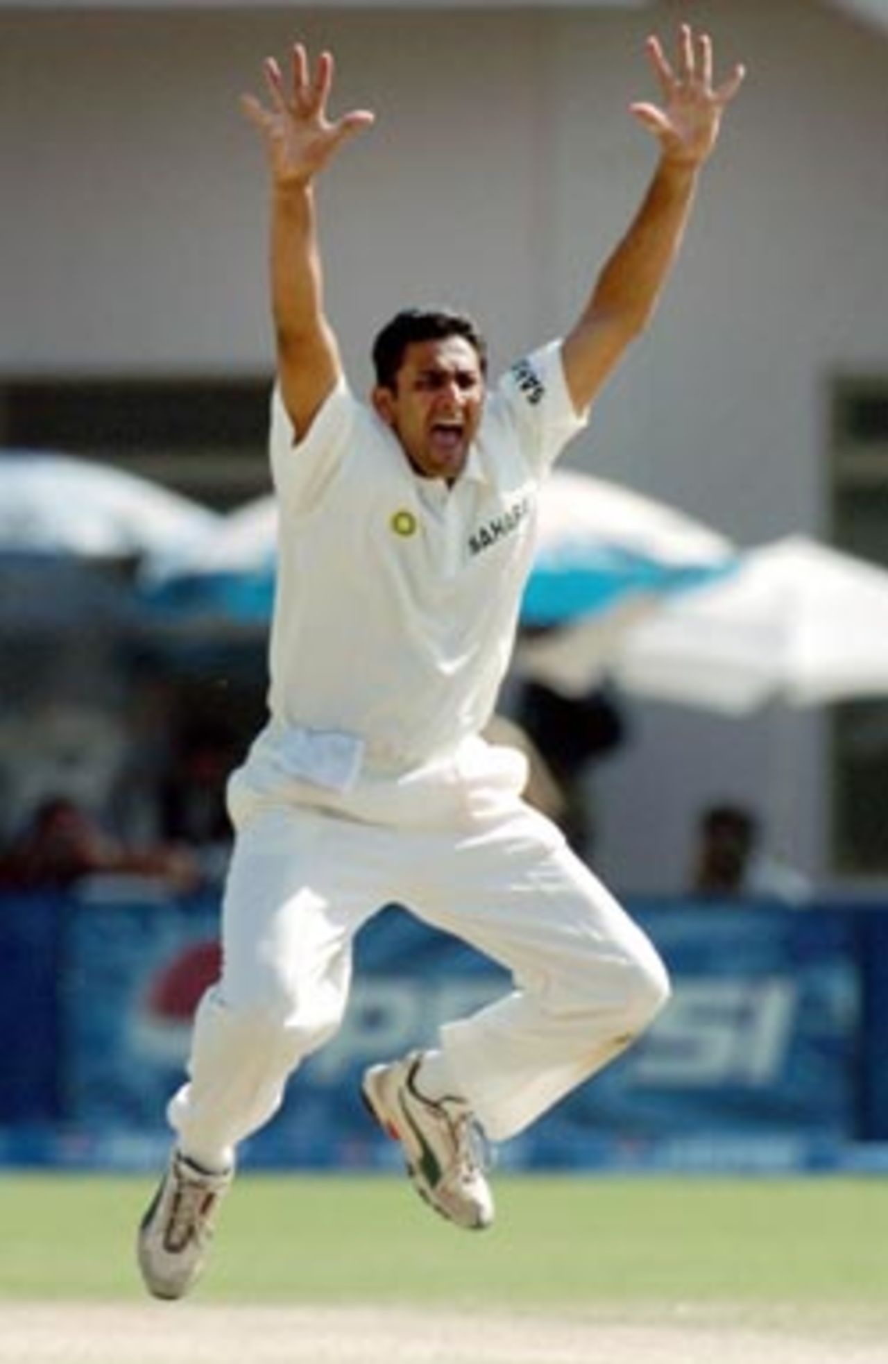 Anil Kumble is air-borne as he appeals vociferously