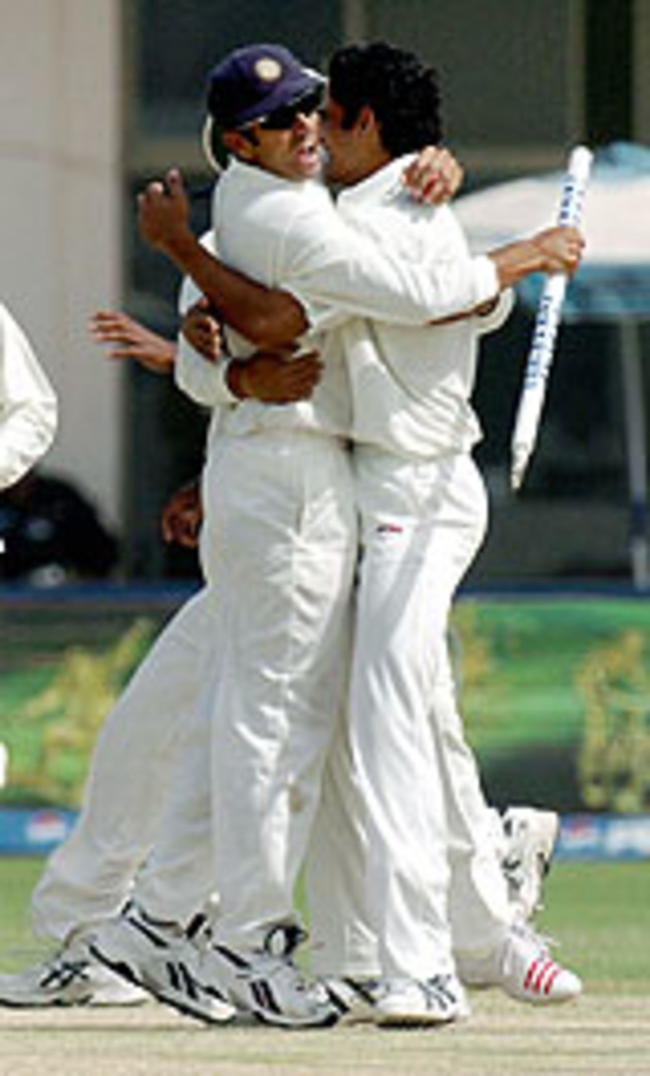 The celebrations begin after the fall of the last wicket, Pakistan v India, 1st Test, Multan, 5th day, April 1, 2004