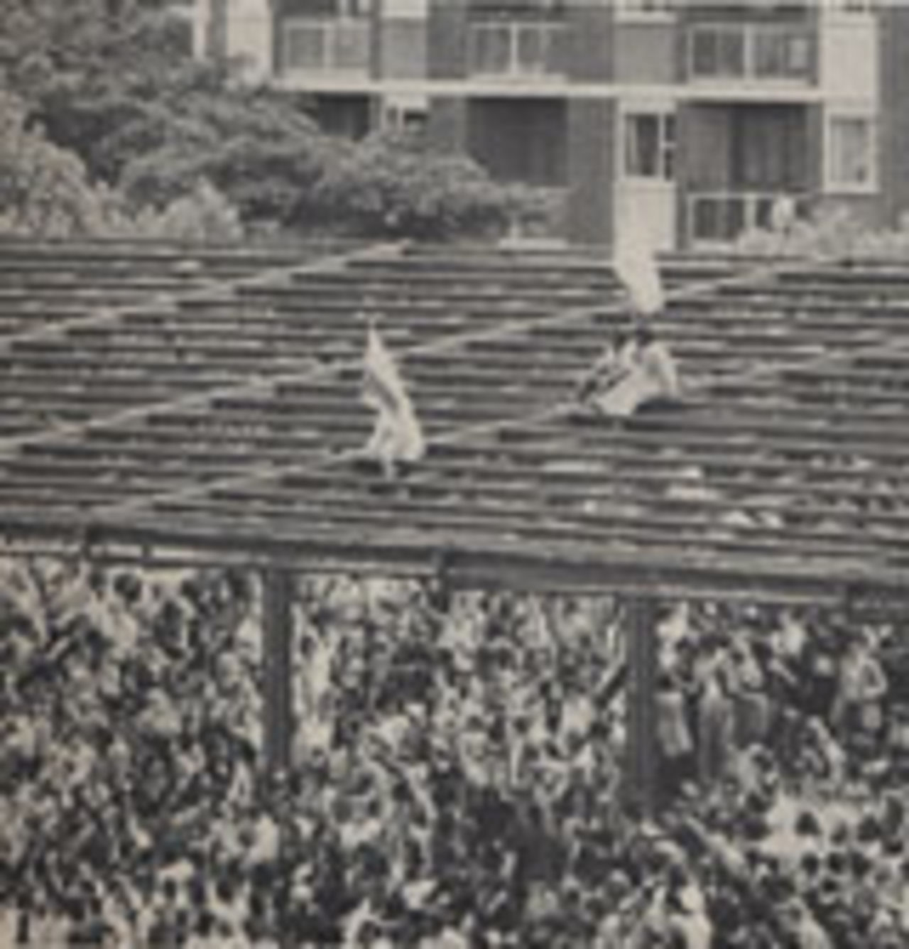Spectators sit on the roof of the Mound Stand, 2nd Test, Lord's, June 1974