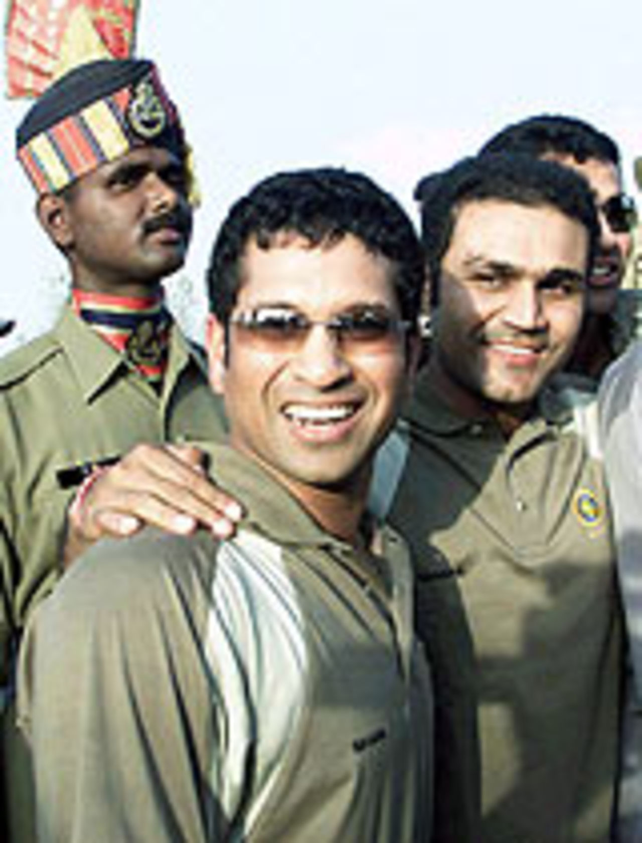 Sachin Tendulkar and Virender Sehwag at the Wagah border, watching the ceremonial change of guard, a couple of days before the second Test against Pakistan at Lahore, April 2, 2004