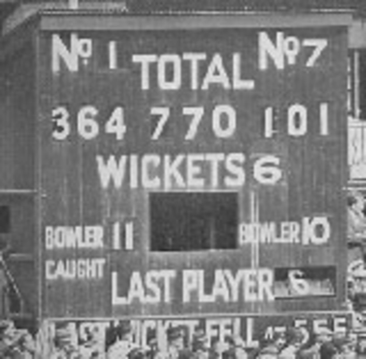 The Oval scoreboard after Len Hutton's dismissal, England v Australia, 5th Test, The Oval, August 1938