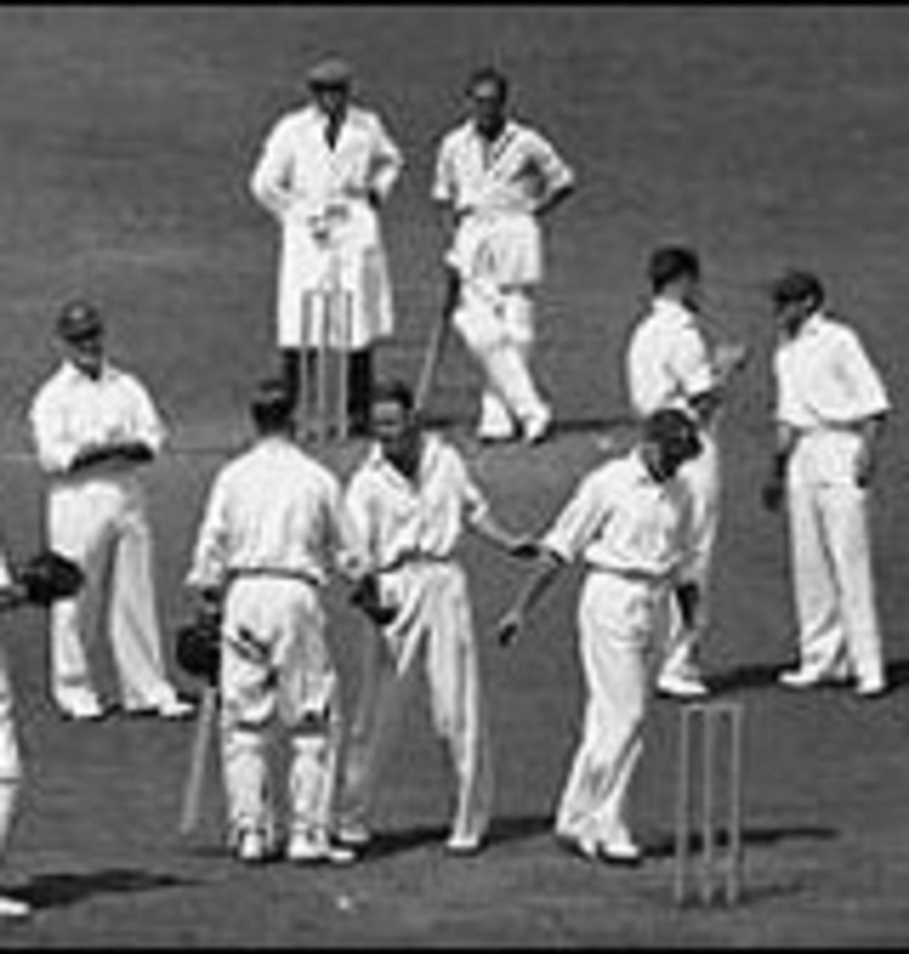 Len Hutton is congratulated after passing Don Bradman's record score, England v Australia, 5th Test, The Oval, August 1938