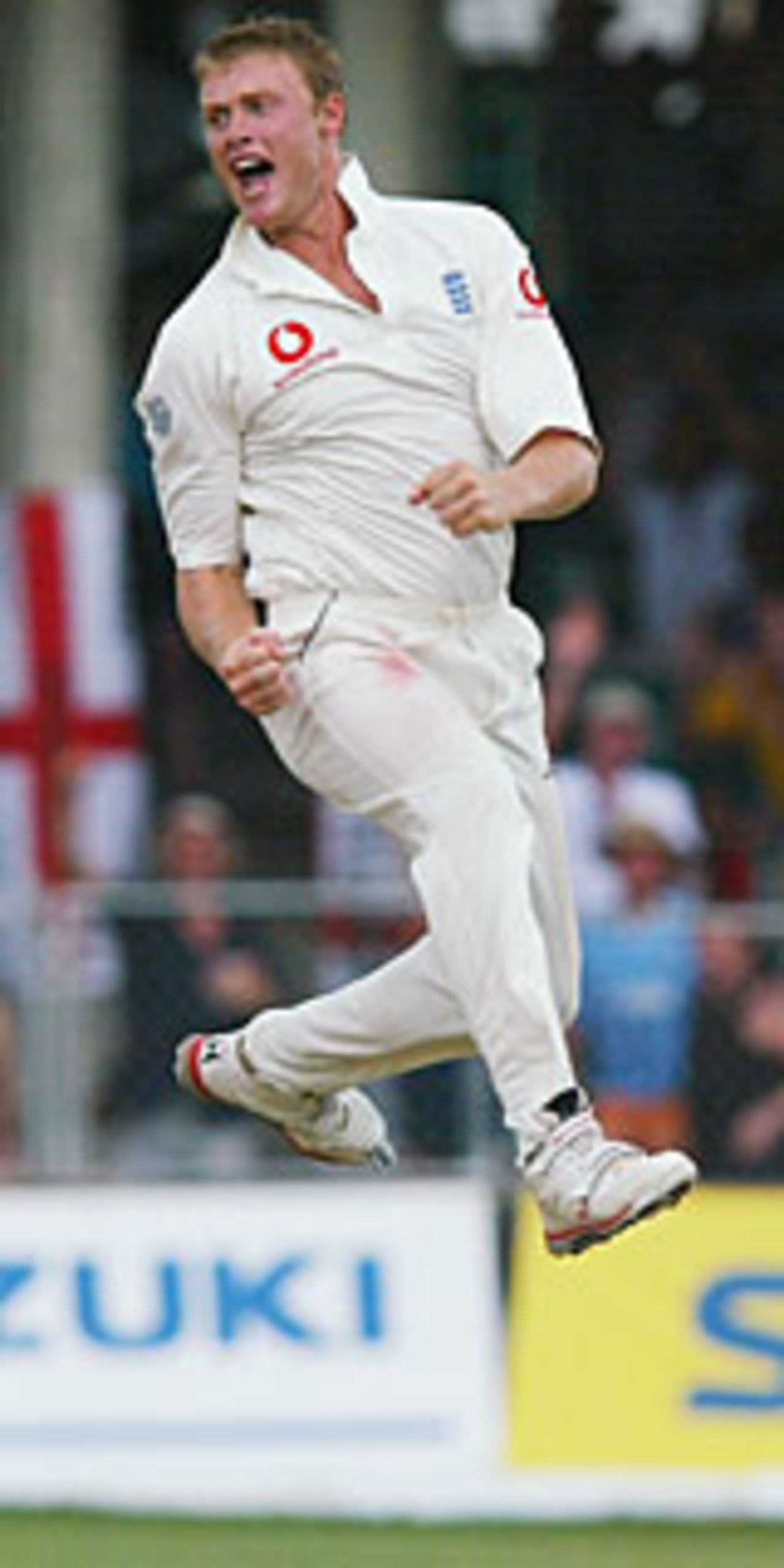 Andrew Flintoff celebrates after dismissing Tino Best, West Indies v England, 3rd Test, Barbados, April 3, 2004