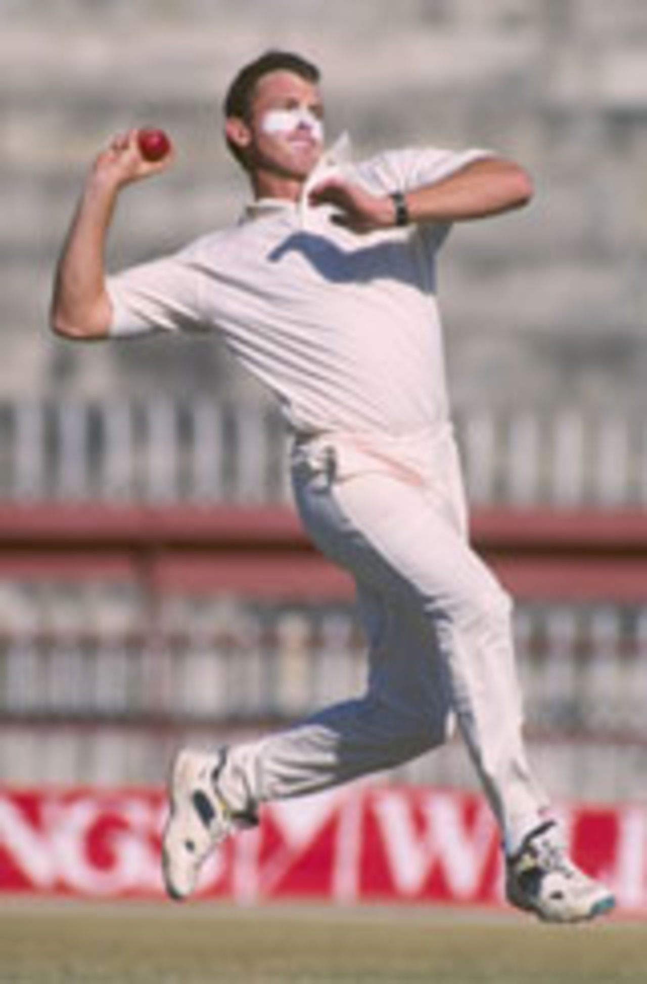 Craig McDermott bowling during the Australian tour of Pakistan, October, 1994