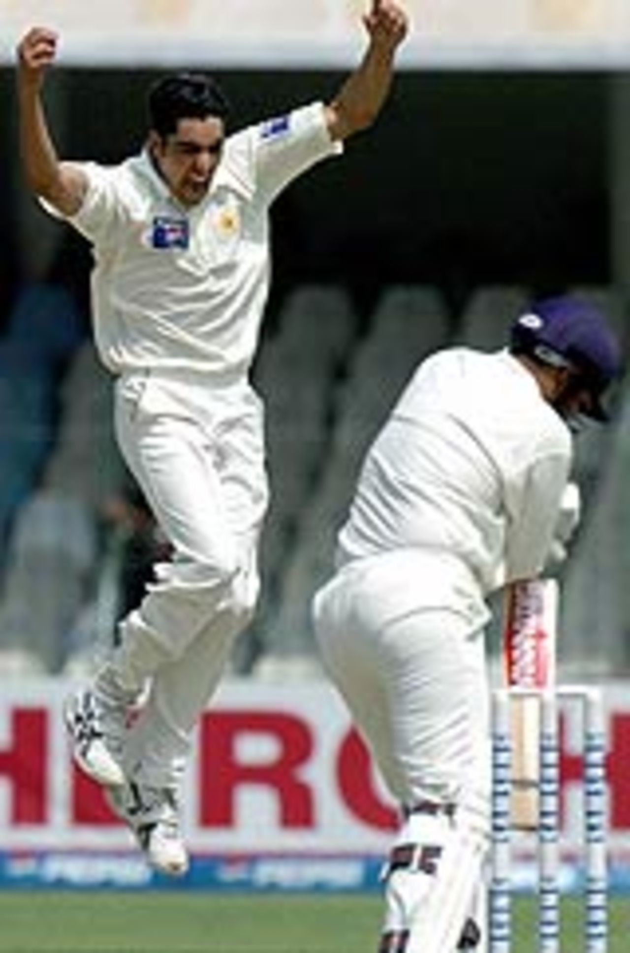 Umar Gul jumps in delight as Virender Sehwag is out, Pakistan v India, 2nd Test, Lahore, 1st day, April 5, 2004