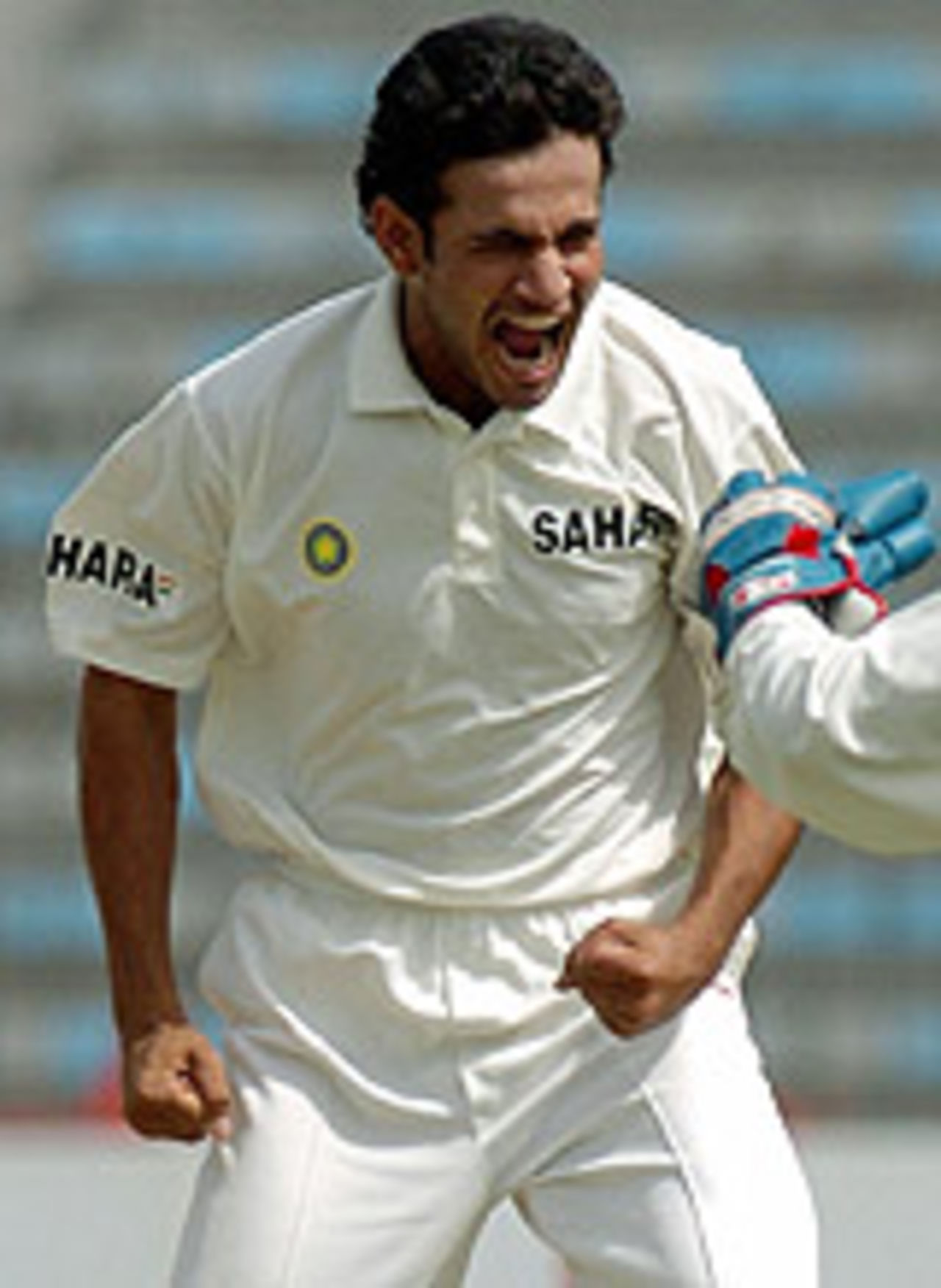 Irfan Pathan celebrates a dismissal, Pakistan v India, 2nd Test, Lahore, 3rd day, April 7, 2004