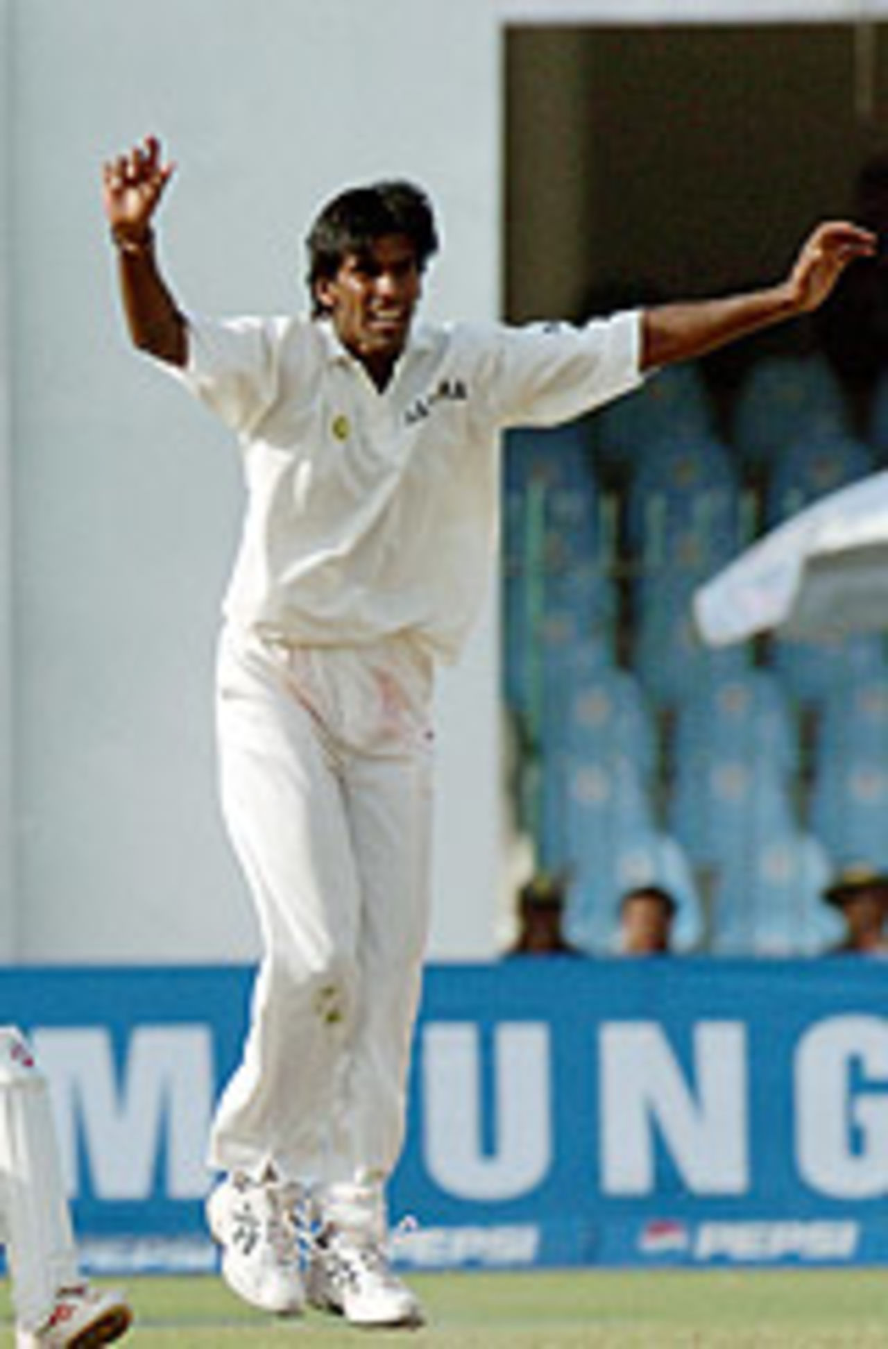 Lakshmipathy Balaji jumps up while appealing, Pakistan v India, 2nd Test, Lahore, 2nd day, April 6, 2004