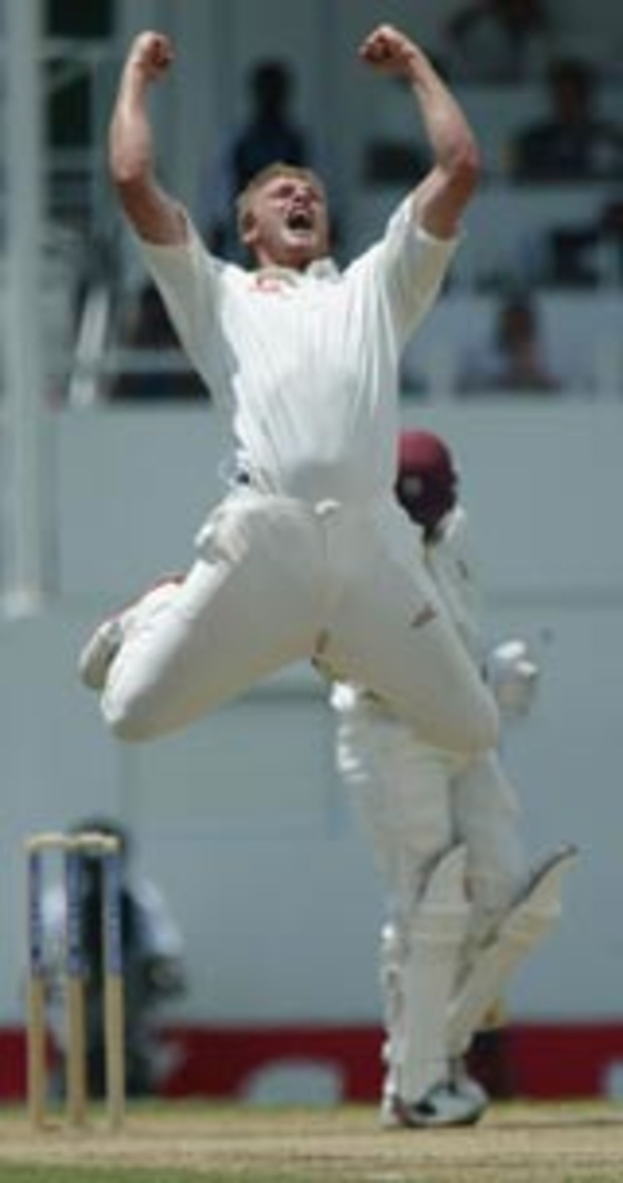 Andrew Flintoff jumps for joy as Darren Ganga is out