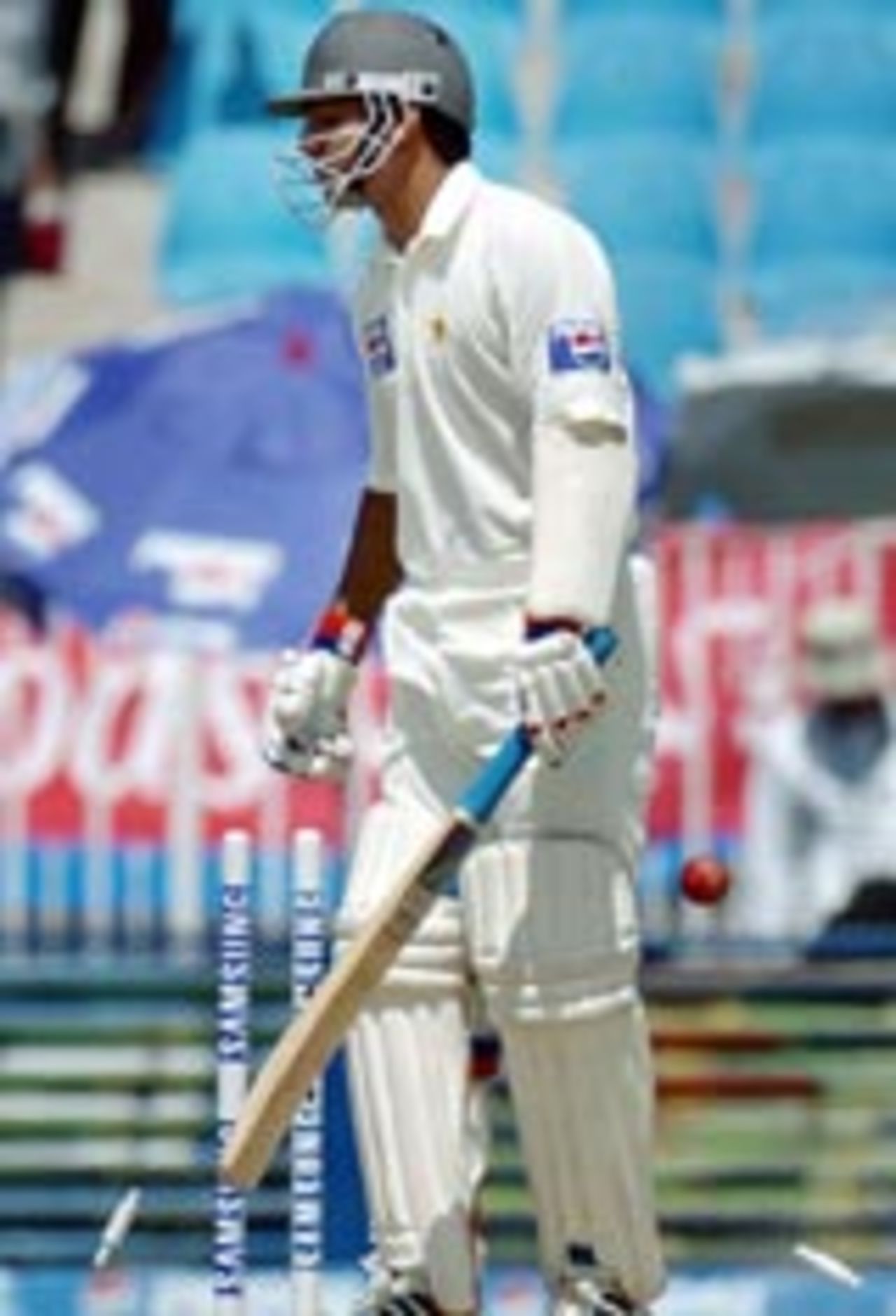 Yousuf Youhana looks back after he is bowled by Irfan Pathan, Pakistan v India, 3rd Test, Rawalpindi, 1st day, April 12, 2004