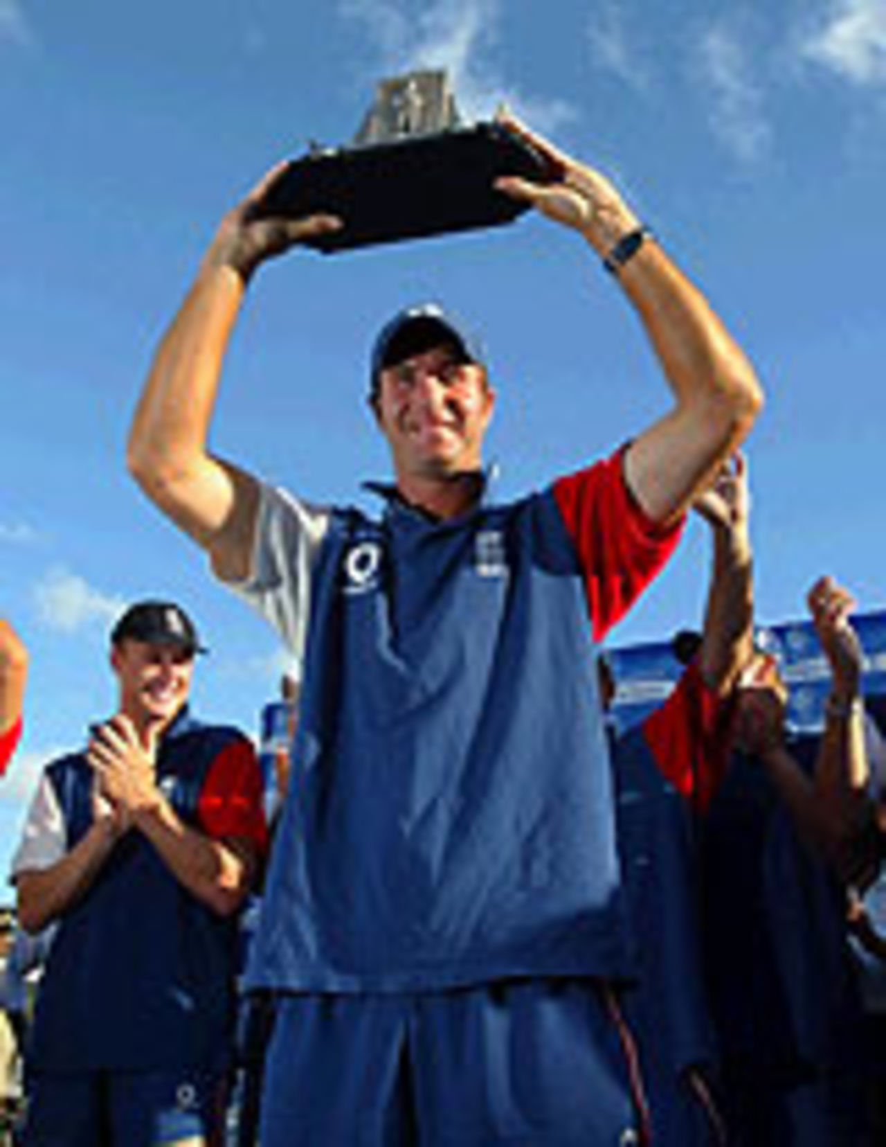Michael Vaughan with the Wisden Trophy, West Indies v England, 4th Test, Antigua, April 14, 2004