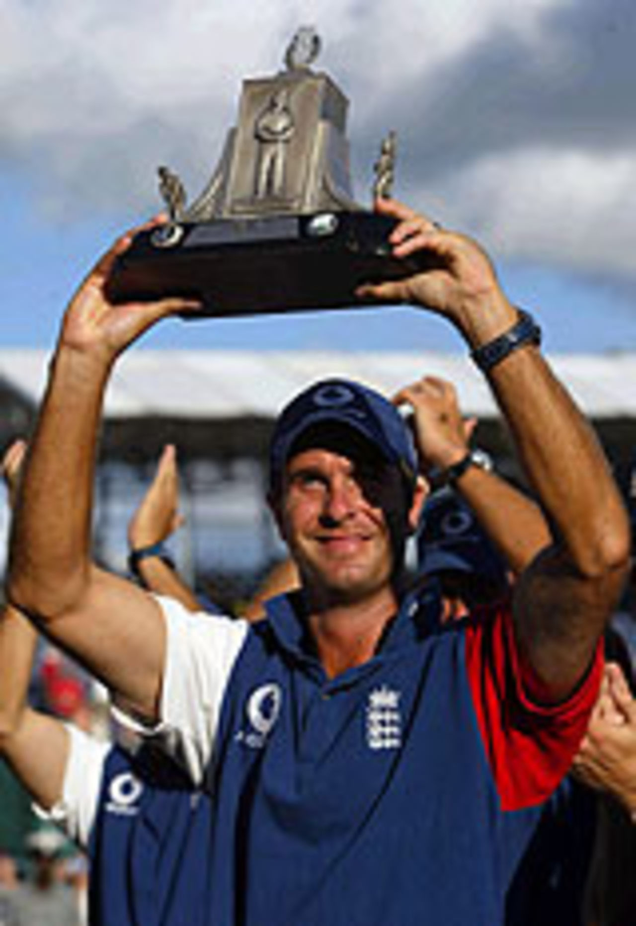 Michael Vaughan with the Wisden Trophy, West Indies v England, 4th Test, Antigua, April 14, 2004