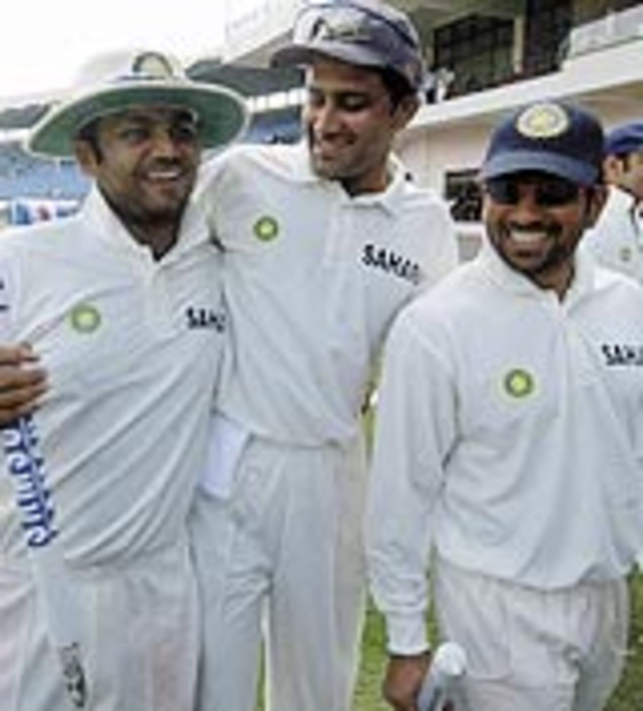 Sachin Tendulkar Anil Kumble and Virender Sehwag celebrate their victory, Pakistan v India, 1st Test, Multan, April 1, 2004