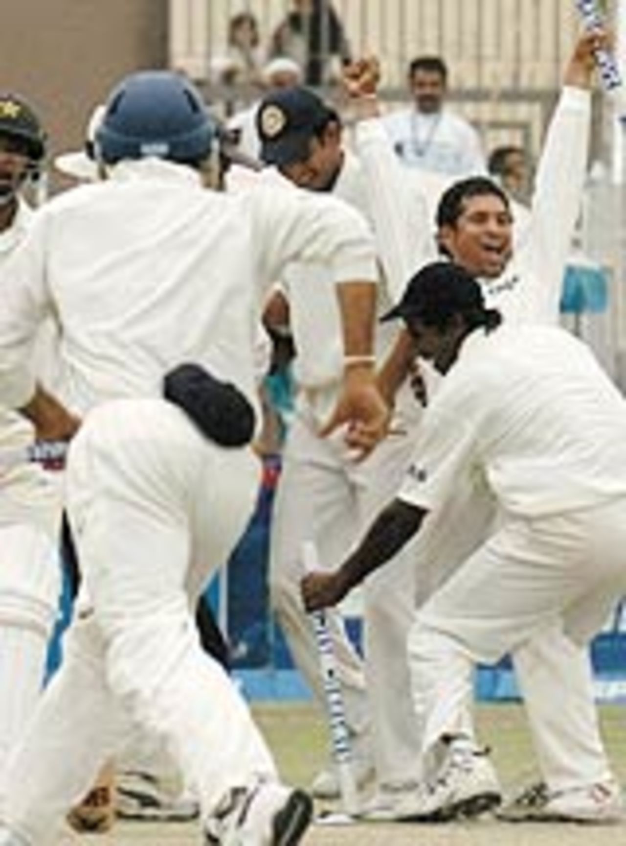 Indians celebrate the dismissal of last batsman, Pakistan v India, 3rd Test, Rawalpindi, 4th day, April 16, 2004