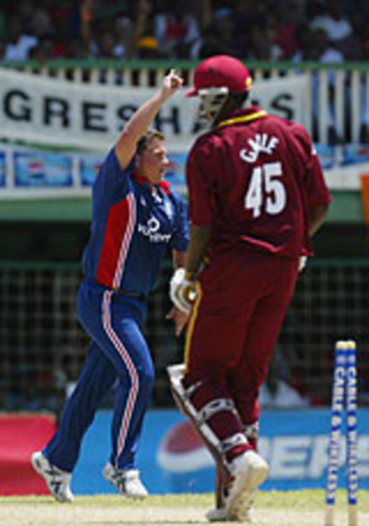 Darren Gough bowls Chris Gayle, West Indies v England, 1st ODI, Georgetown