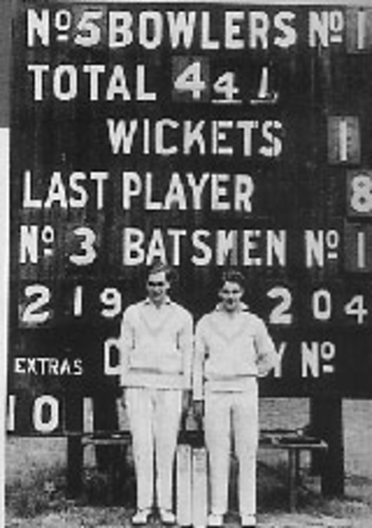 Hubert Doggart (left) and John Dewes celebrate their unbeaten second-wicket stand of 429 for Cambridge against Essex at Fenners in 1949