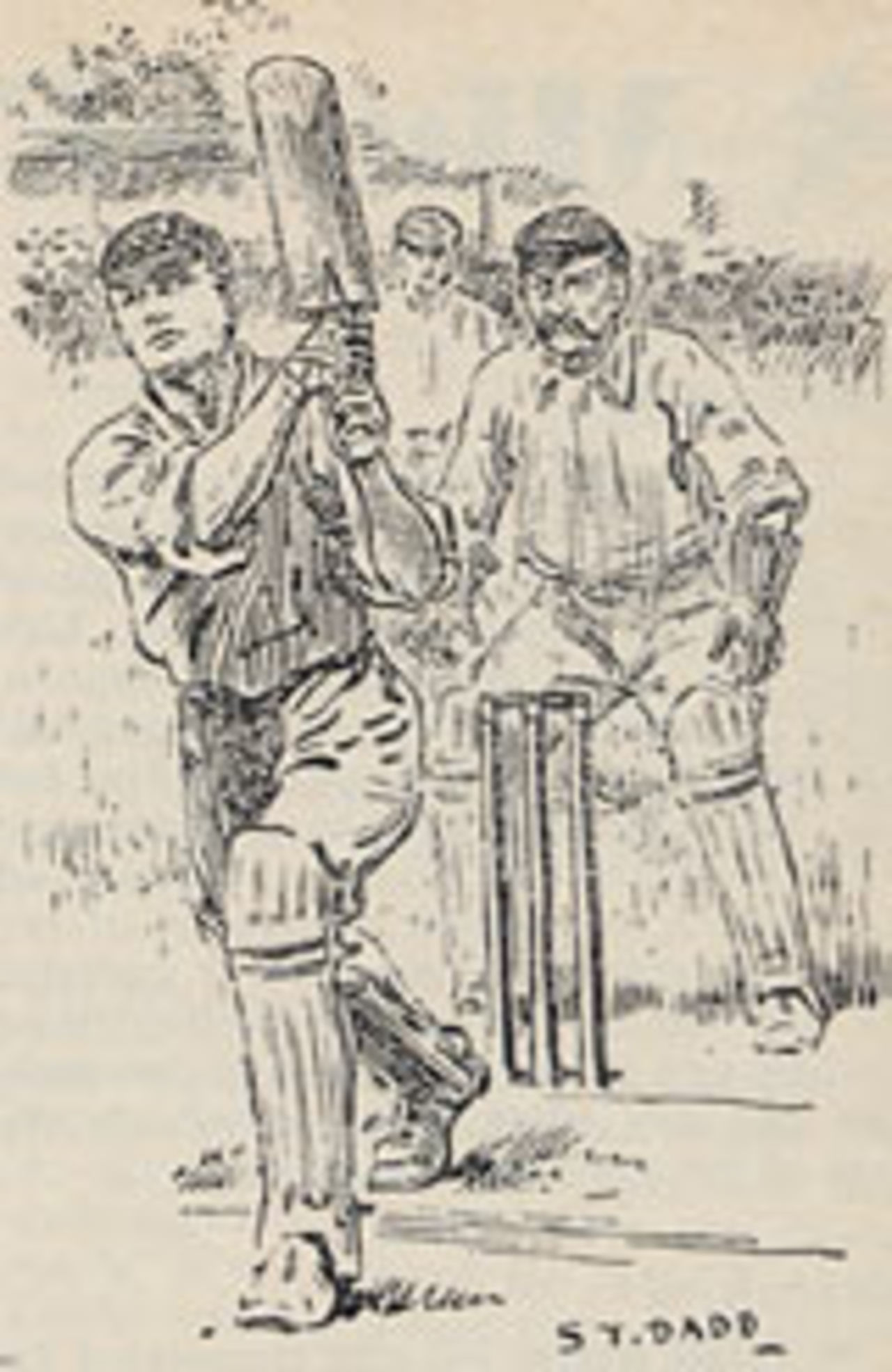 Gilbert Jessop lofts Hugh Trumble into the pavilion during his hundred at The Oval against Australia in 1902. The sketches, by S.T. Dadd, appeared in <I>The Daily Graphic</I>