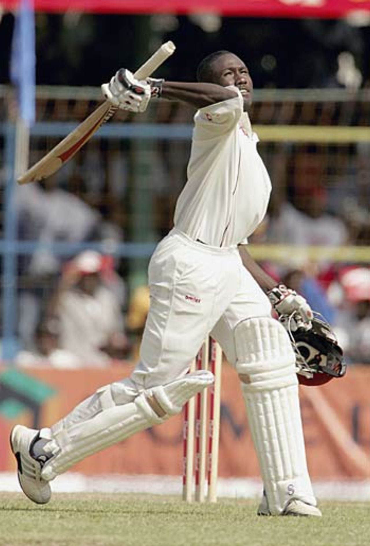 A delighted Wavell Hinds reaches his hundred, West Indies v South Africa, 1st Test, Guyana, March 31, 2005
