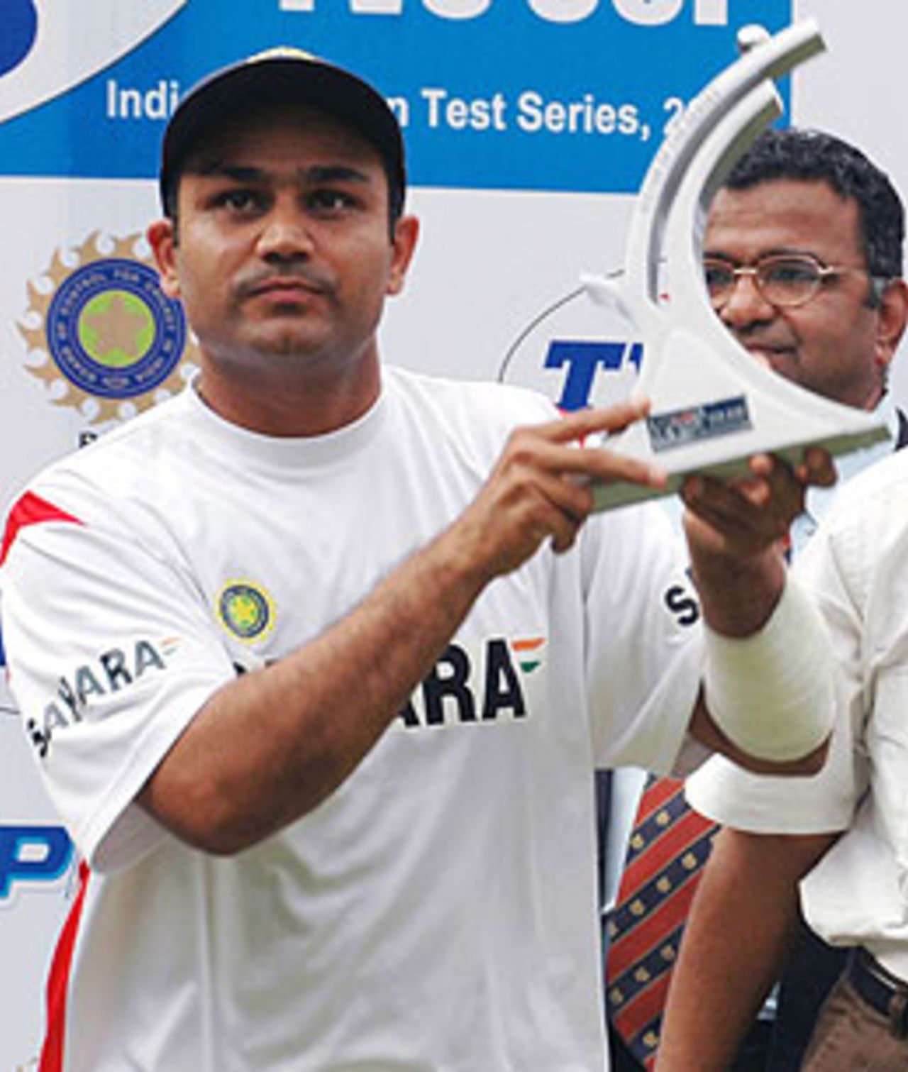 Virender Sehwag, the Delhi dasher, was adjudged Man-of-the-Series, for his aggregate of 544 runs from 6 innings, India v Pakistan, 3rd Test, Bangalore, 24-28 Mar 2005